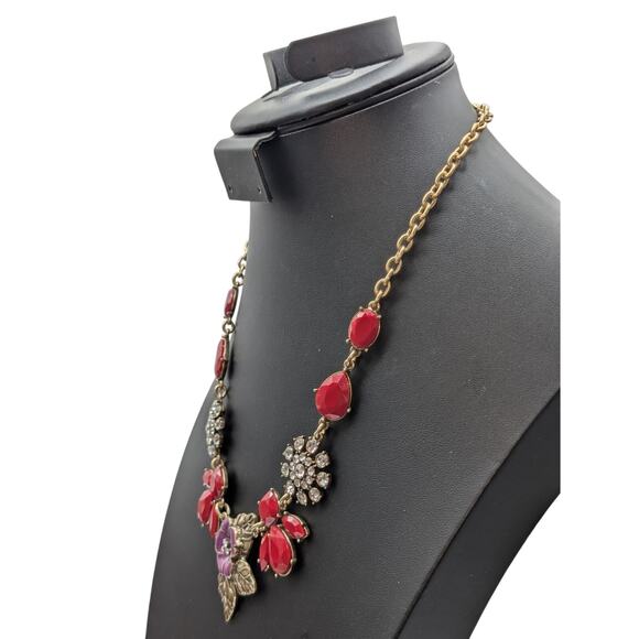 The Delta Box Red Bead Rhinestone Purple Enamel Flower Statement Necklace - Picture 2 of 6